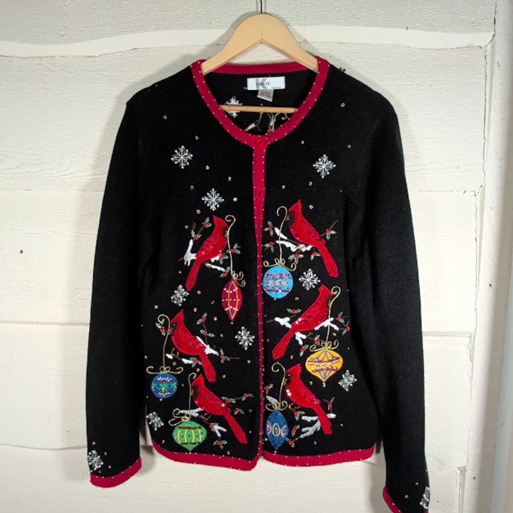 Vintage 90s Kikit Cardinal Christmas Cardigan - Beaded & Embroidered Black/Red